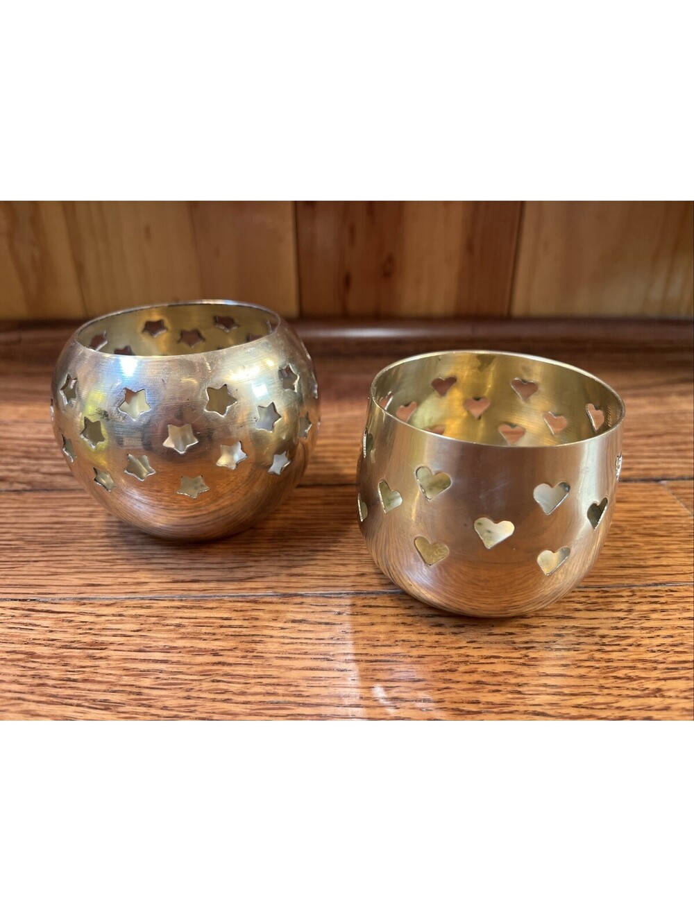 2 Vintage Brass Candle Holders Celestial Hearts Votive Tea Light Pierced Cutout